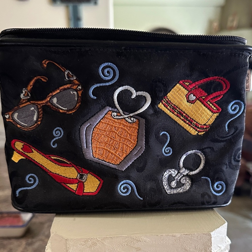 Black Embroidered Cosmetic Pouch with Colorful Motif